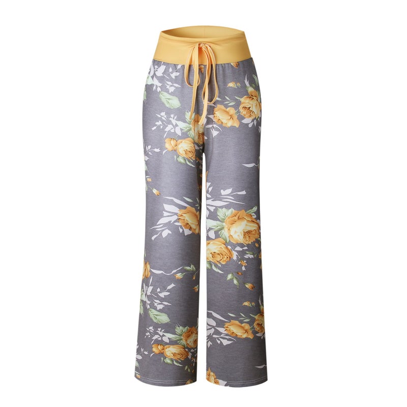 iChunhua Women's Comfy Stretch Floral Print Drawstring Palazzo Wide Leg Lounge Pants(M,Yellow) - Image 4